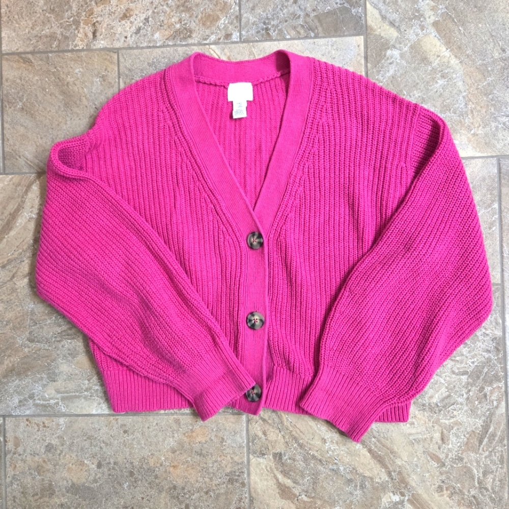H&M Pink Cardigan‎ Sweater Chunky Knit V-Neck Med